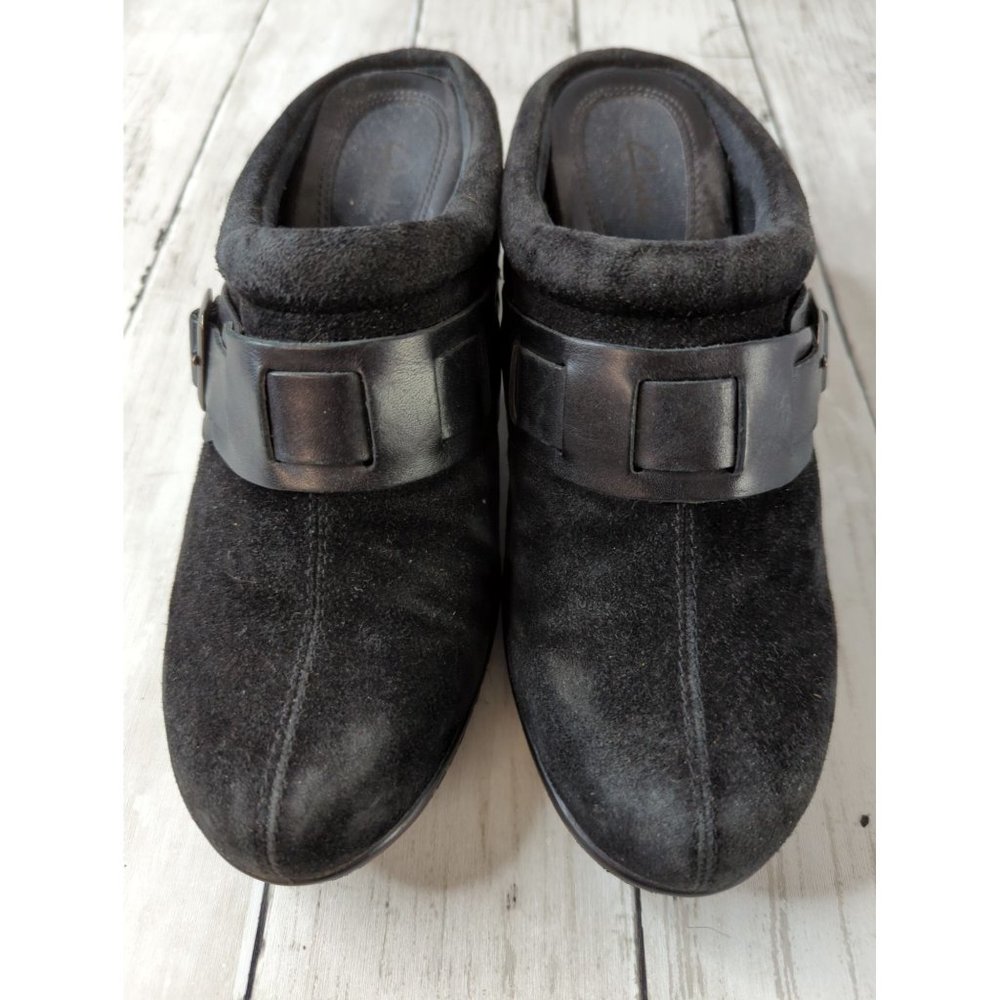Clarks Bendables Slip On Mules Clogs Black Suede Leather Strap Buckle Womens 7M